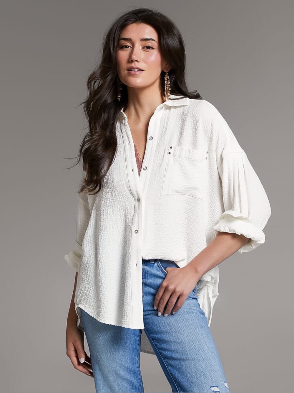 BKE Off White Textured Button Down Long Sleeve Shirt. Stud Pocket. Small